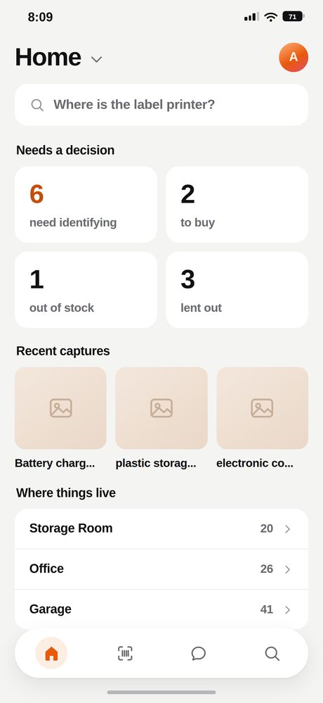 The FindEZ home screen: items that need a decision, recent captures and where things live